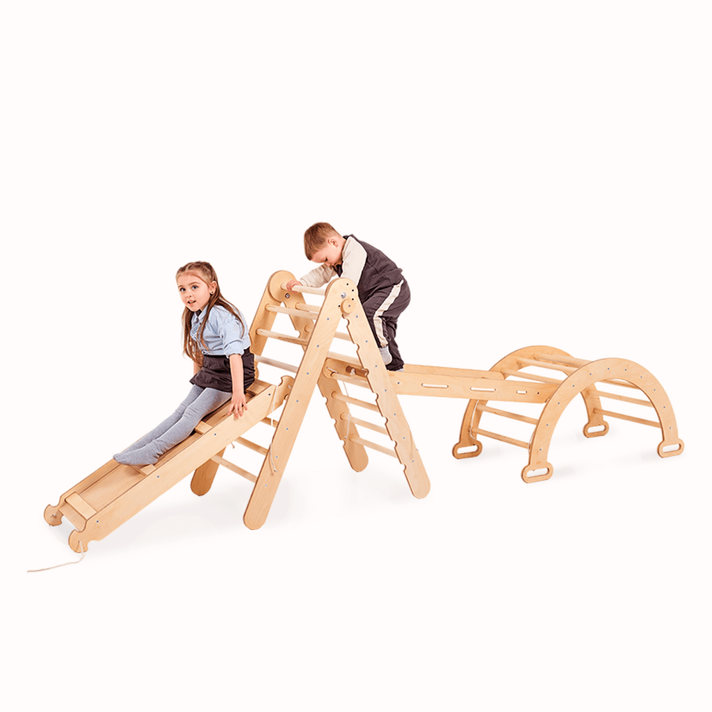4in1 Montessori Klettergerüst Set: Kletterdreieck mit Rutsche, Kletterbogen, Kletternetz, für Kinder 1-7 Jahre – Beige
