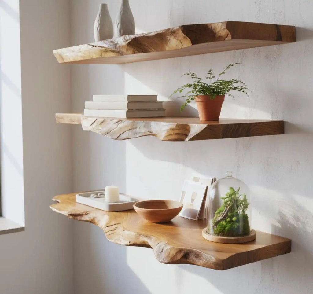 Live edge walnut floating shelf custom rustic wall mounted shelves handmade wooden furniture office home decor display rack
