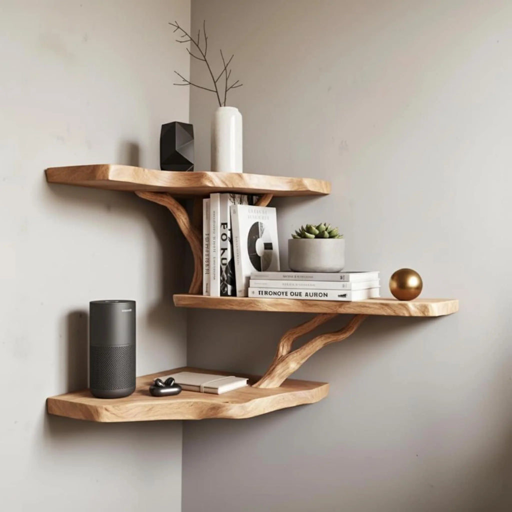 Elegant rustic live edge corner shelf with branch support handmade natural wood wall shelf floating organic design home decor