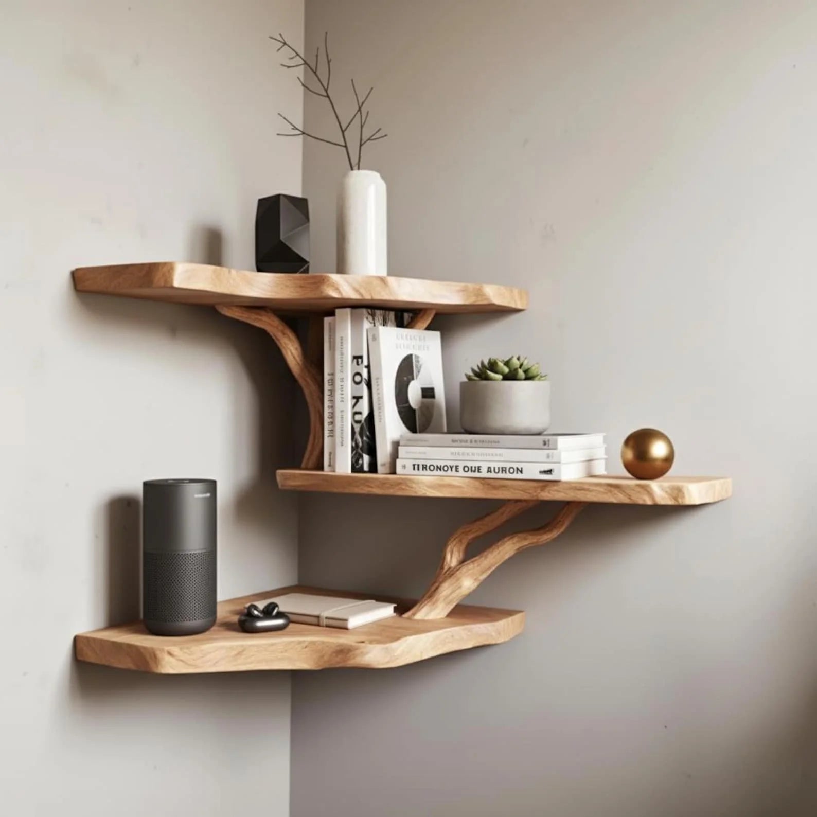 Elegant rustic live edge corner shelf with branch support handmade natural wood wall shelf floating organic design home decor