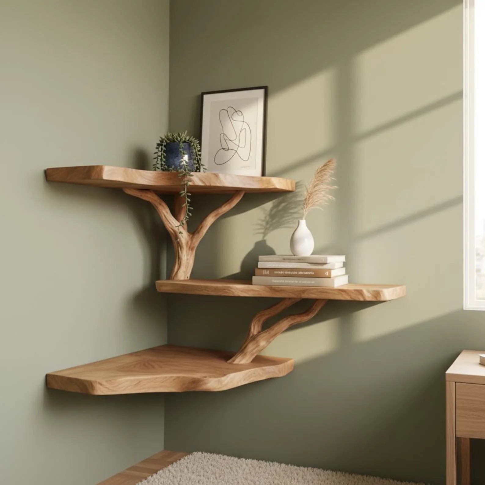 Elegant rustic live edge corner shelf with branch support handmade natural wood wall shelf floating organic design home decor