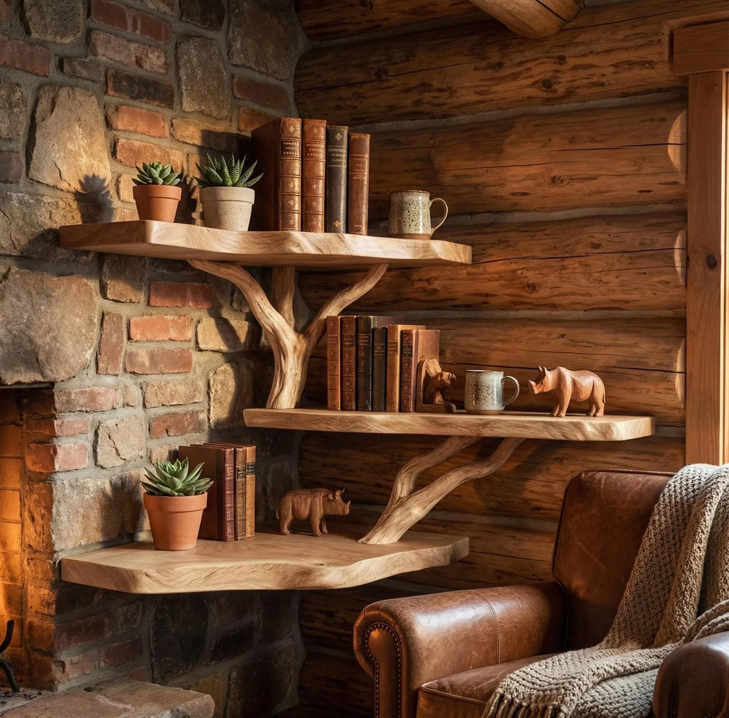Elegant rustic live edge corner shelf with branch support handmade natural wood wall shelf floating organic design home decor