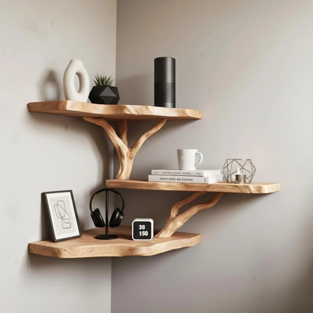 Elegant rustic live edge corner shelf with branch support handmade natural wood wall shelf floating organic design home decor