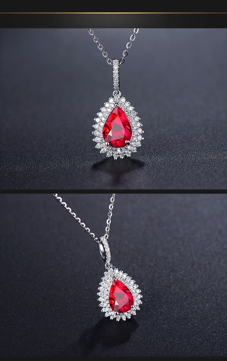 Fashion Silver 925 Jewellery Women Necklace with Oval Shape Ruby Diamond Gemstones Pendant Wedding Party Bohemia Gift