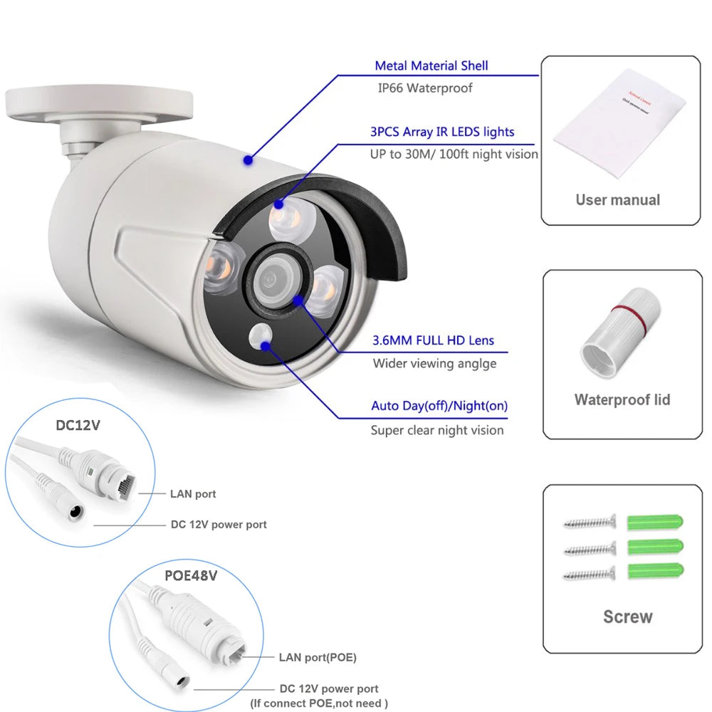 AZISHN 4K 8MP POE Outdoor IP Security Camera, H.265, Waterproof Bullet CCTV