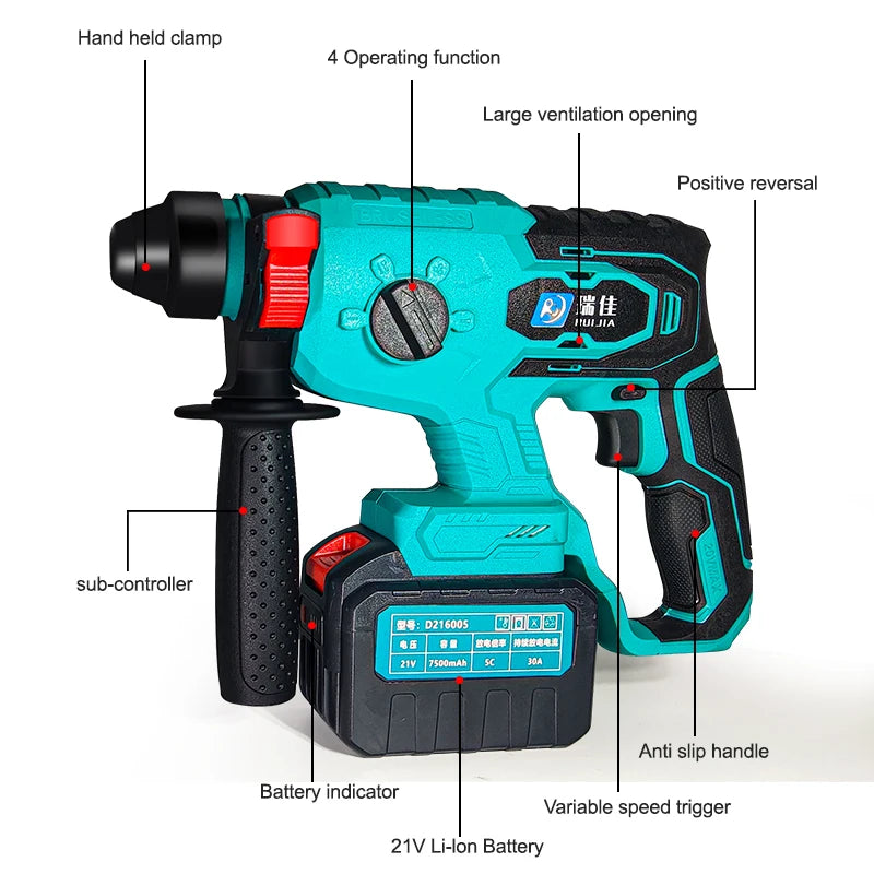 21V Cordless Hammer Drill – Brushless, 6000mAh, Concrete Ready