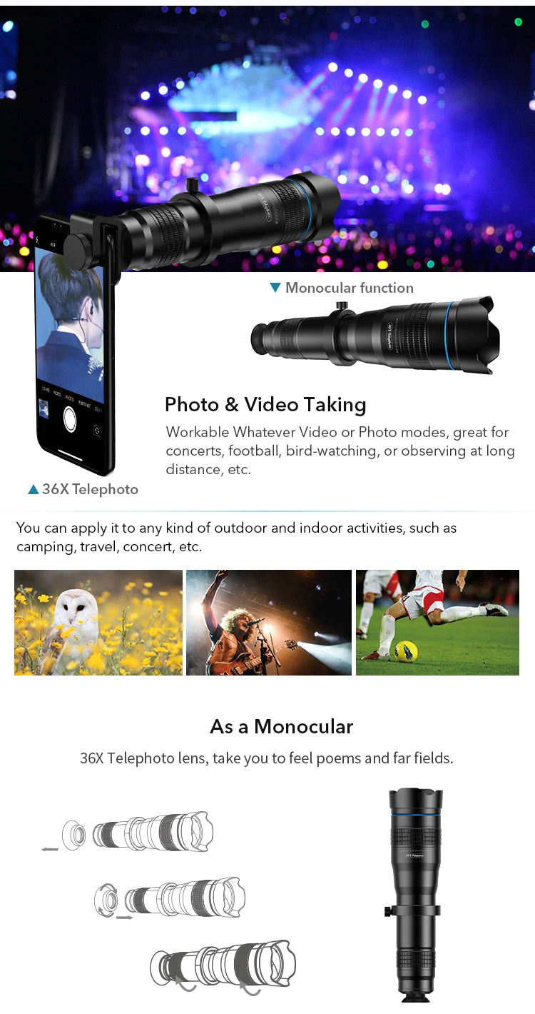 APEXEL optic phone mobile camera lens 36x telephoto telescope lens monocular+ selfie tripod for iPhone Huawei all Smartphones