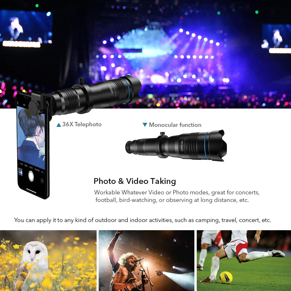 APEXEL optic phone mobile camera lens 36x telephoto telescope lens monocular+ selfie tripod for iPhone Huawei all Smartphones