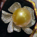 SGARIT Trending Pearl Classic Jewelry S925 Silver Flower Setting 12-13mm Natural South Sea Gold Pearl Ring Seawater Jewellery