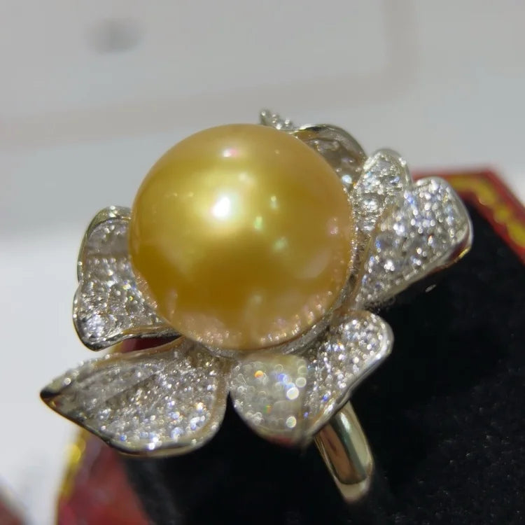 SGARIT Trending Pearl Classic Jewelry S925 Silver Flower Setting 12-13mm Natural South Sea Gold Pearl Ring Seawater Jewellery