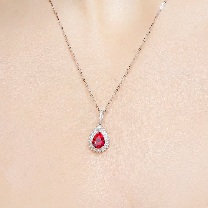 Fashion Silver 925 Jewellery Women Necklace with Oval Shape Ruby Diamond Gemstones Pendant Wedding Party Bohemia Gift