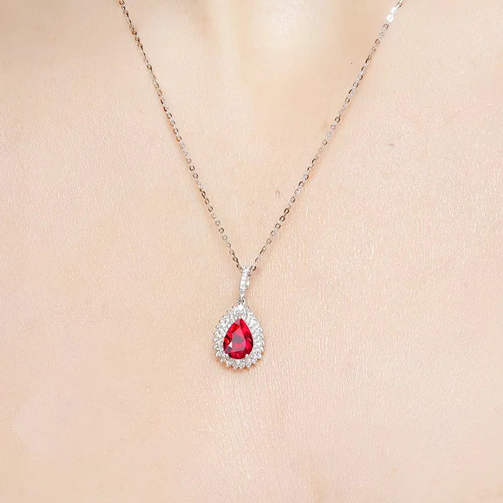 Fashion Silver 925 Jewellery Women Necklace with Oval Shape Ruby Diamond Gemstones Pendant Wedding Party Bohemia Gift