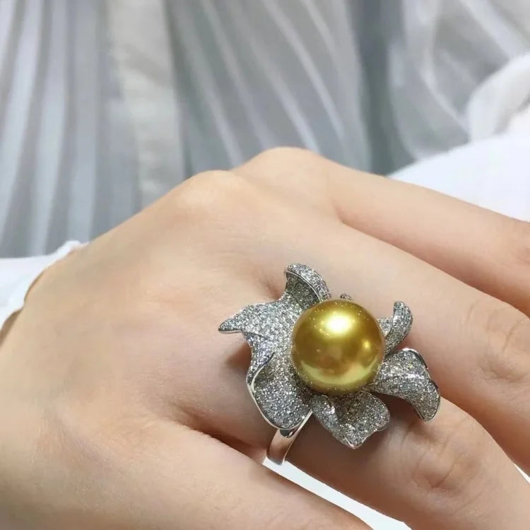 SGARIT Trending Pearl Classic Jewelry S925 Silver Flower Setting 12-13mm Natural South Sea Gold Pearl Ring Seawater Jewellery