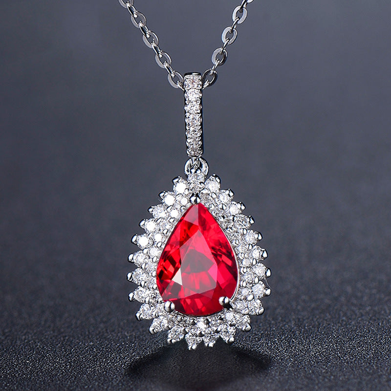 Fashion Silver 925 Jewellery Women Necklace with Oval Shape Ruby Diamond Gemstones Pendant Wedding Party Bohemia Gift