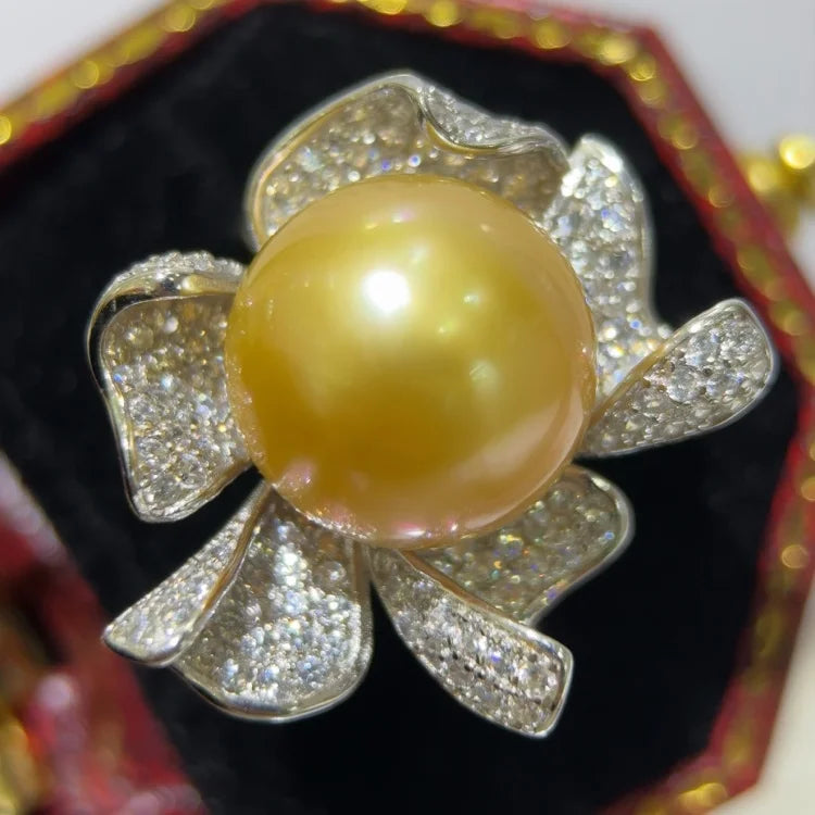 SGARIT Trending Pearl Classic Jewelry S925 Silver Flower Setting 12-13mm Natural South Sea Gold Pearl Ring Seawater Jewellery