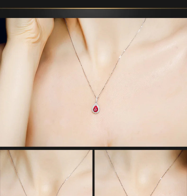 Fashion Silver 925 Jewellery Women Necklace with Oval Shape Ruby Diamond Gemstones Pendant Wedding Party Bohemia Gift