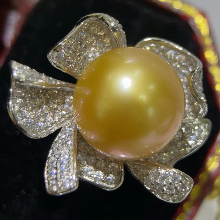 SGARIT Trending Pearl Classic Jewelry S925 Silver Flower Setting 12-13mm Natural South Sea Gold Pearl Ring Seawater Jewellery