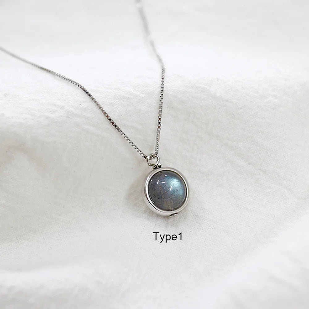 Real Pure 925 Sterling Silver Labradorite Pendant Necklace With Box Chain Simple Elegant Natural Gemstone Collier For Women