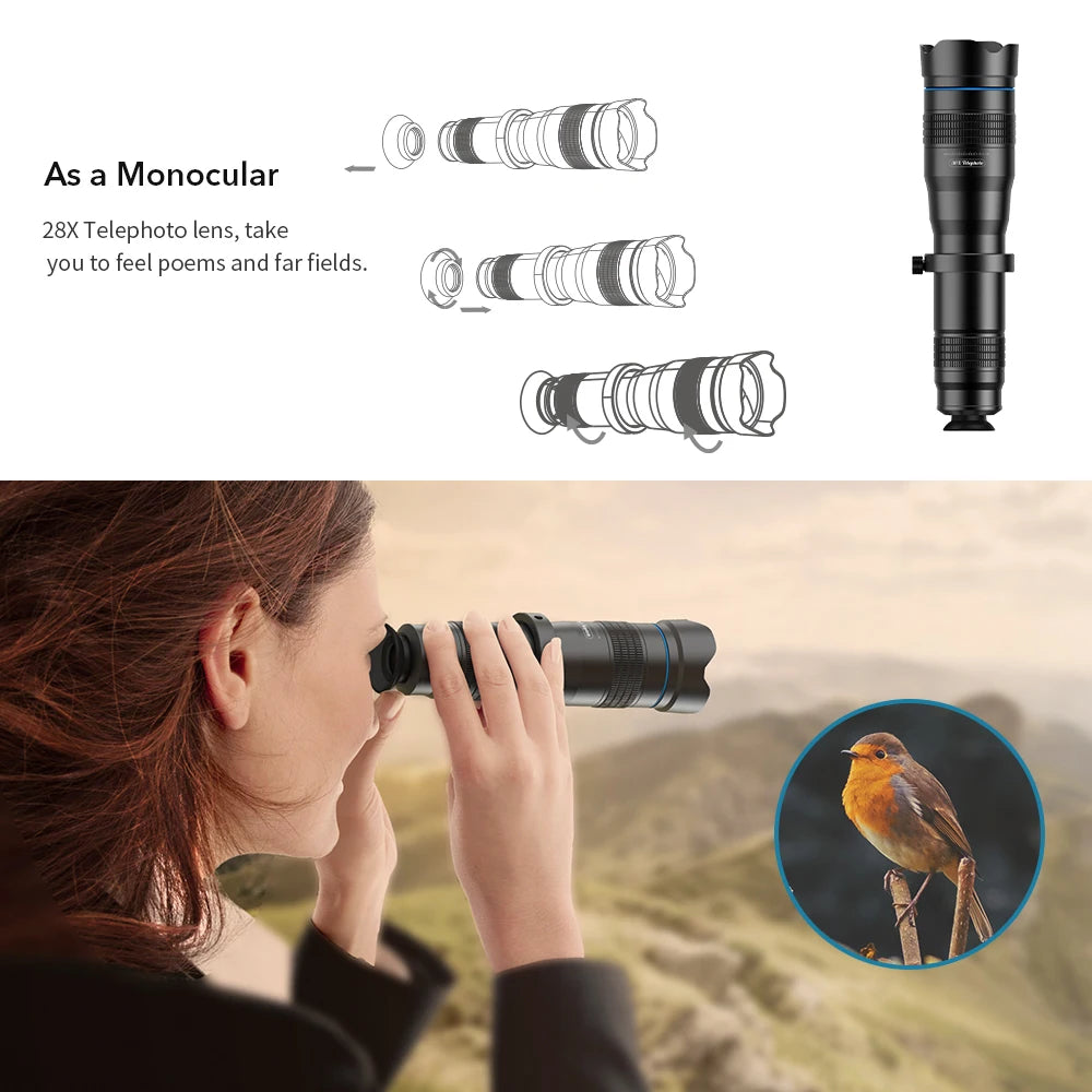 APEXEL optic phone mobile camera lens 36x telephoto telescope lens monocular+ selfie tripod for iPhone Huawei all Smartphones