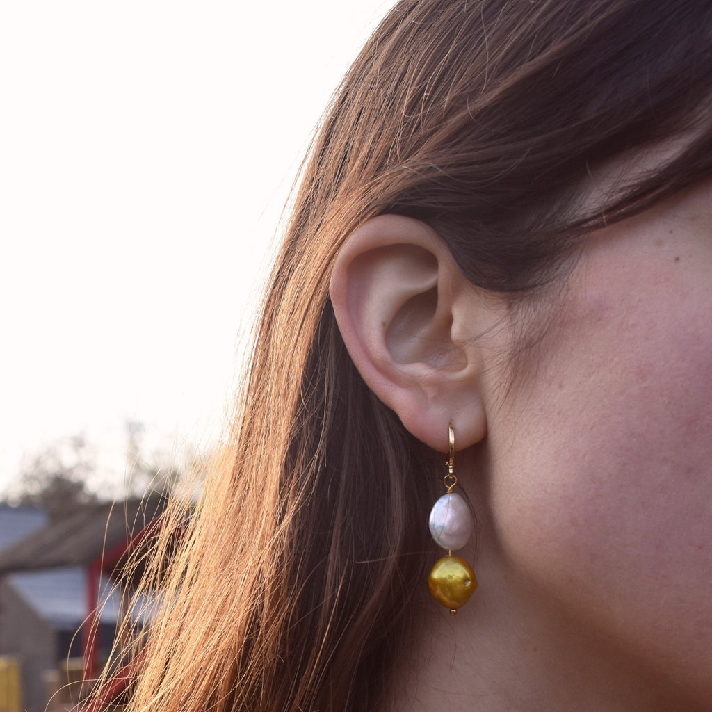 White Coin and Gold Pearl Freshwater Pearl Earrings | by Ifemi Jewels