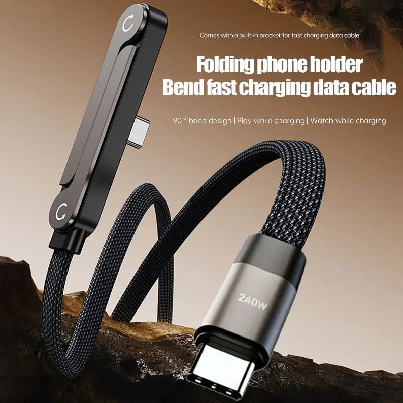 MAX 240W Flat Woven Fast Charging Cable with Built-In Phone Stand – Foldable Gaming Data Cable