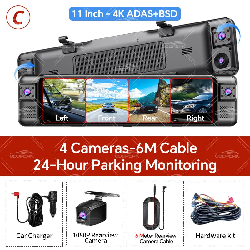 4-Channel 360° Dash Cam 11" 4K+1K+1K+1K – WIFI ADAS BSD Night Vision 24H Parking Monitor