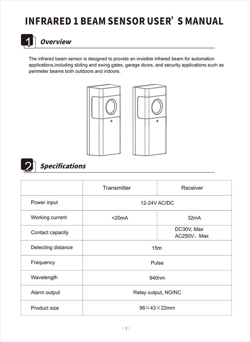 Rainproof Infrared Beam Sensor, 15m Photocell Detector for Gate and Door Opener