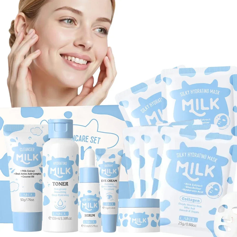 Milk 10PCS Skincare Set - Facial Cleanser Toner Serum Eye Cream Moisturizer +5 Masks Deep Hydration Moisturizing Nourish Brighte