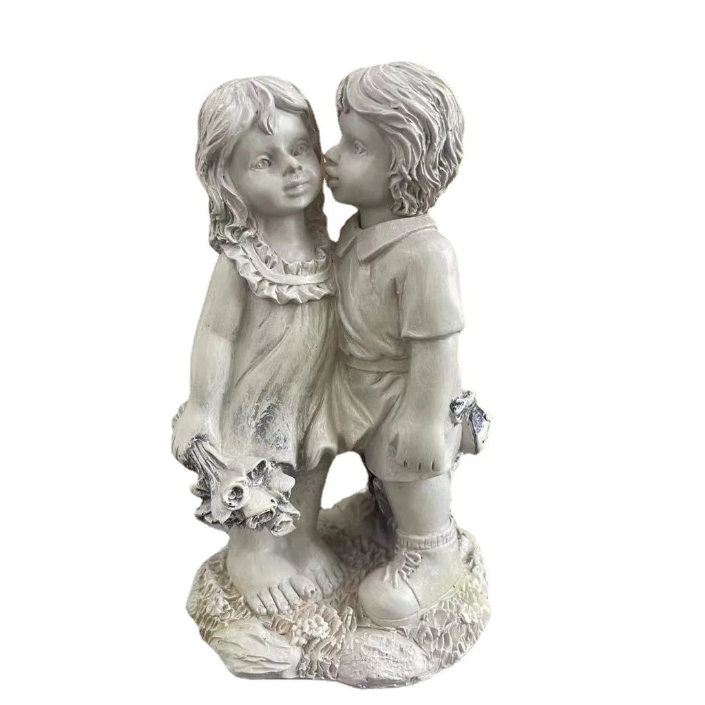 Garden Decor Endearing Sculpture Kids Sharing A Kiss on The Bench Living Room Decoration Fairy Garden Decorative Figurines