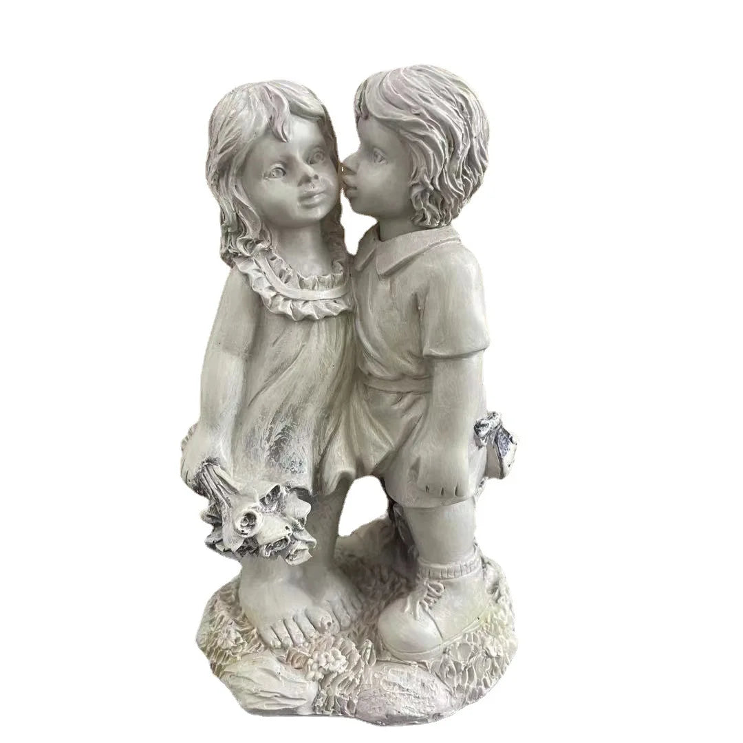 Garden Decor Endearing Sculpture Kids Sharing A Kiss on The Bench Living Room Decoration Fairy Garden Decorative Figurines