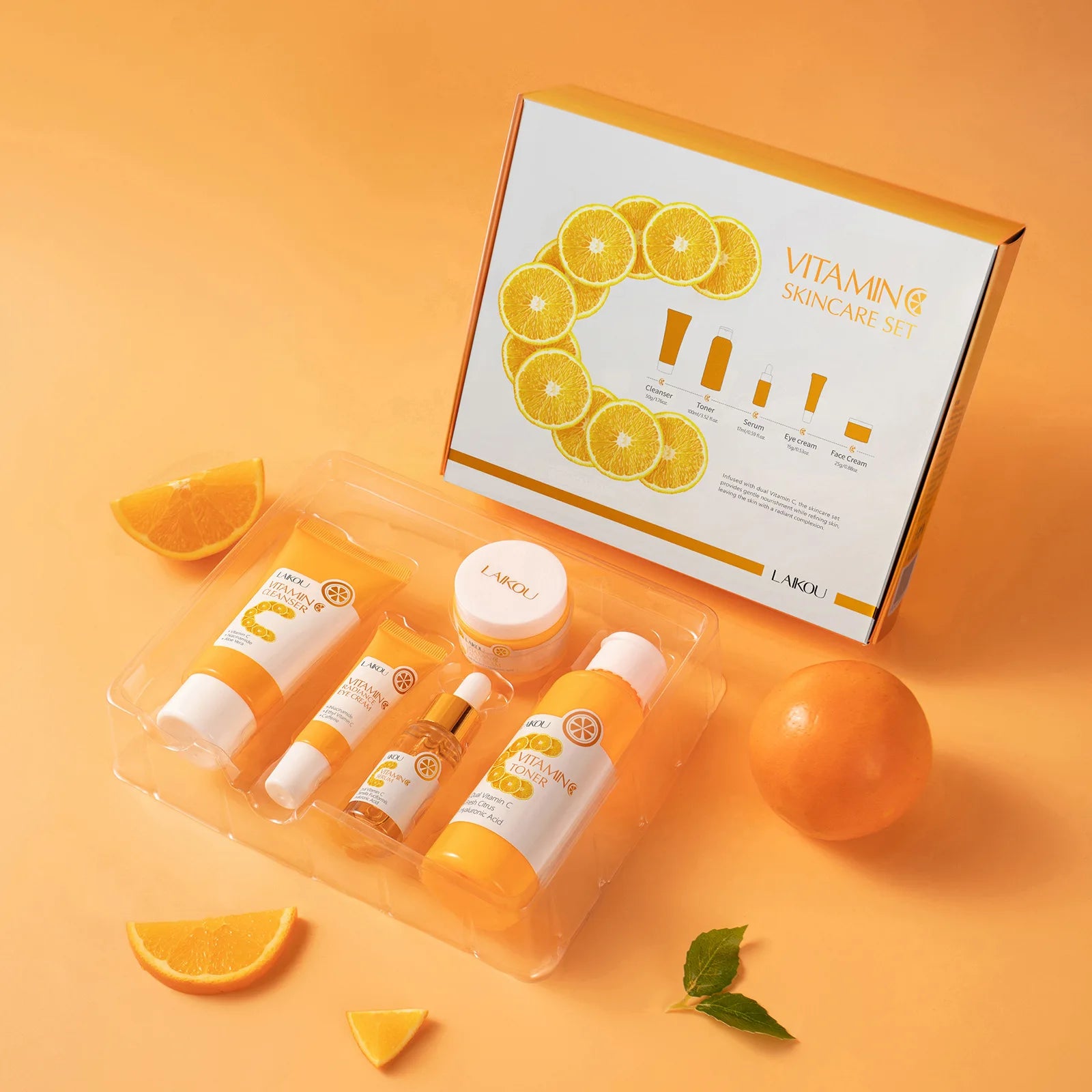 Vitamin C Skincare 5pcs Set Facial Care Brightening Essence Cream Serum Cleanser Toner Eye Cream Moisturizing