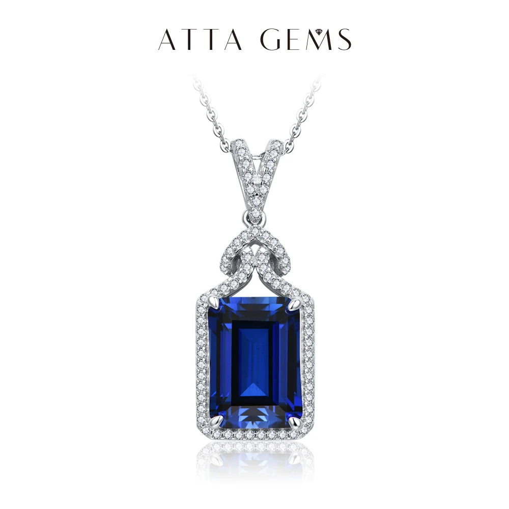 ATTAGEMS New Asscher Cut 14*10mm Blue Sapphire 925 Sterling Silver Necklace for Women Diamond Wedding High Quality Jewelry Gifts