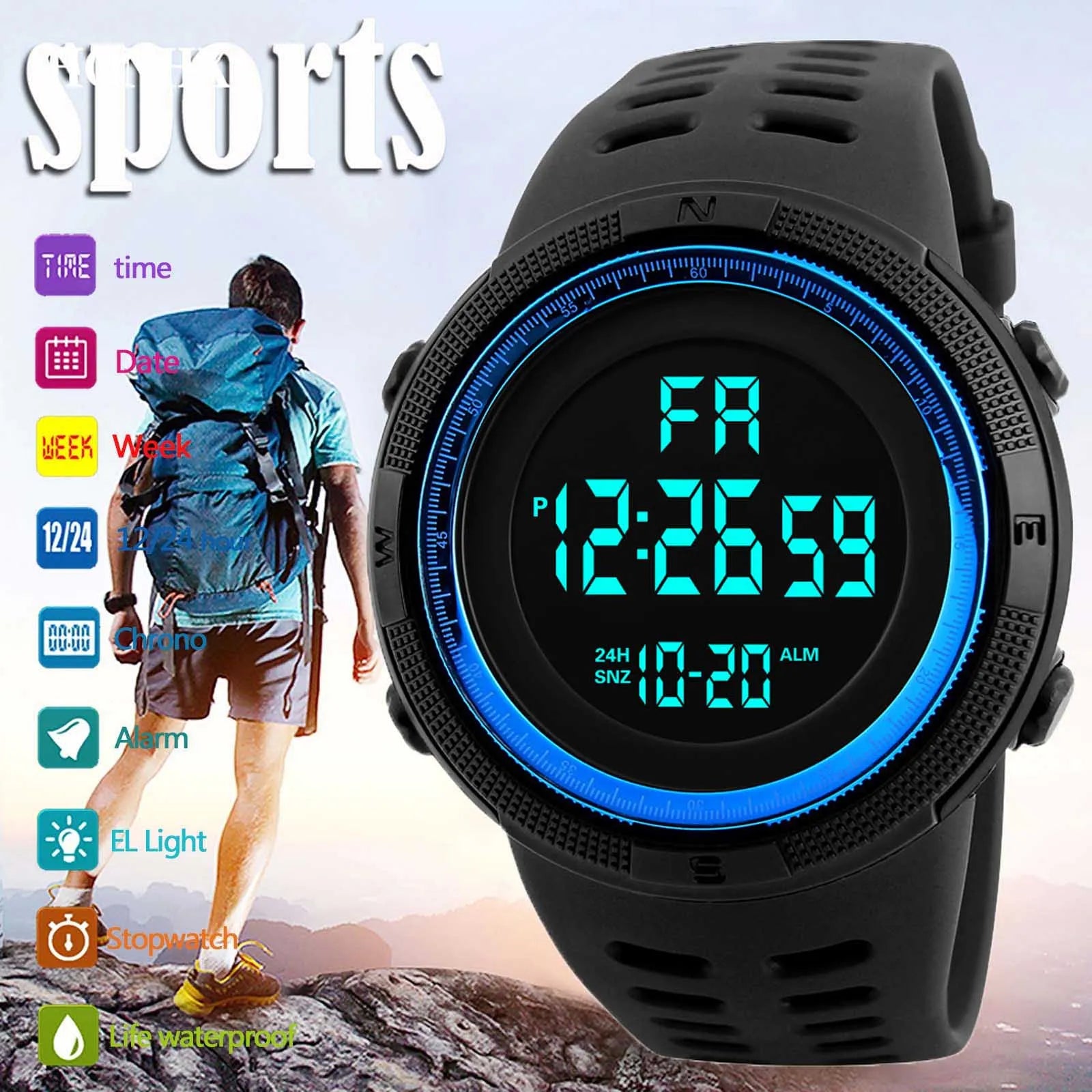 Men's Sport Digital Watch, Big Dial Luminous Waterproof Military Electronic Wristwatch
