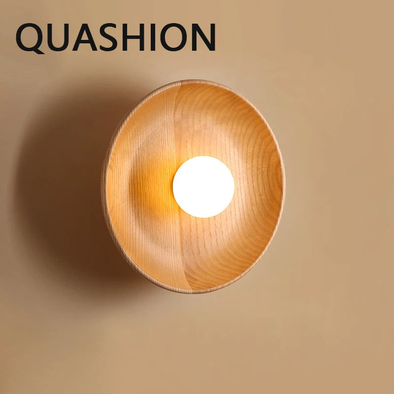 Nordic Modern Home Decor Wall Lamps Nature Solid Wood Body Round Plate Sconce Lights LED Bedroom Corridor Simple Design Lustres