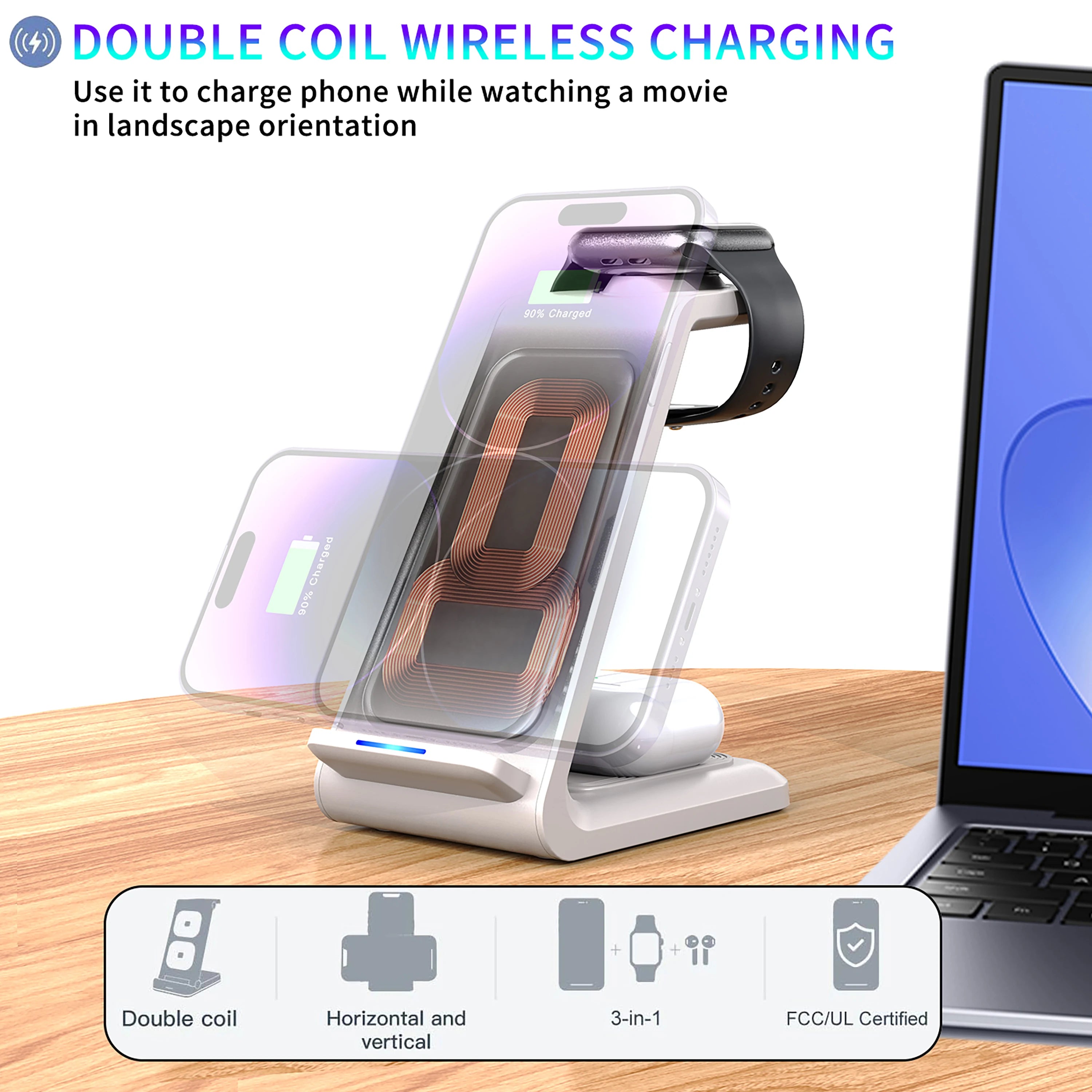 Wireless Charger iPhone Charging Station 3 in 1 Charger Stand Multiple Devices for iPhone 17 16e 16 15 14 Pro Max 13 12