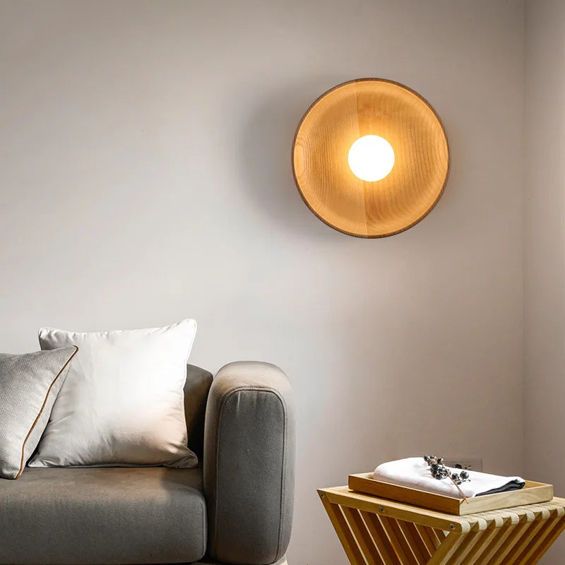 Nordic Modern Home Decor Wall Lamps Nature Solid Wood Body Round Plate Sconce Lights LED Bedroom Corridor Simple Design Lustres