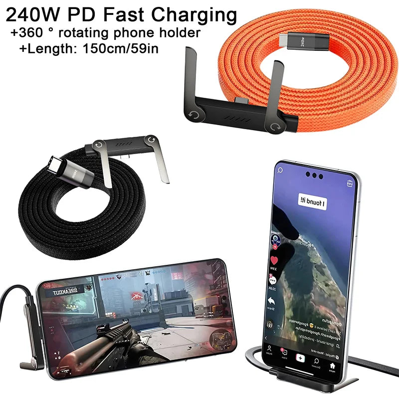 USB Type-C 240W Super Fast Charging Cable 2-in-1 Folding Holder For iPhone 15-17 Android Phone Charger Cable USB To C, C To C