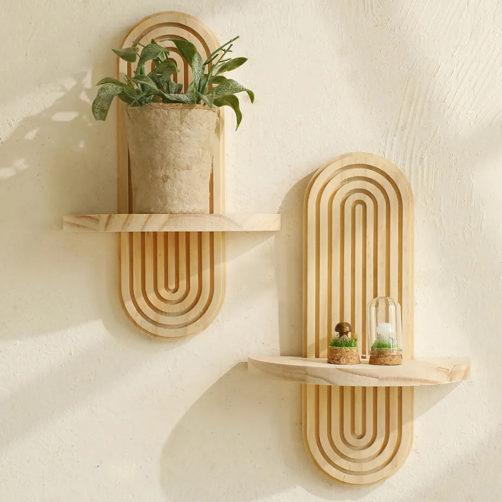 Boho Wooden Wall Mounted Shelves – Decorative Plant Display Shelves for Home
