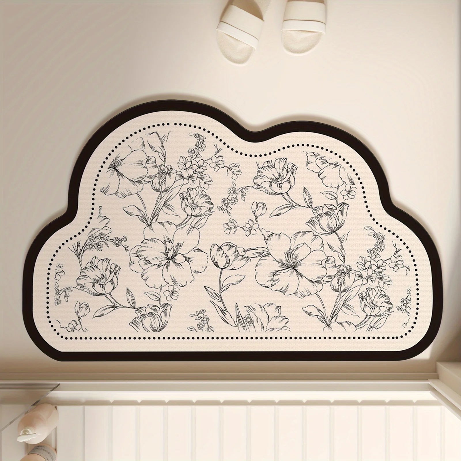 Rubber material super anti-slip bathroom mat, quick-absorbing and quick-drying floor mat, French black and white printed mat