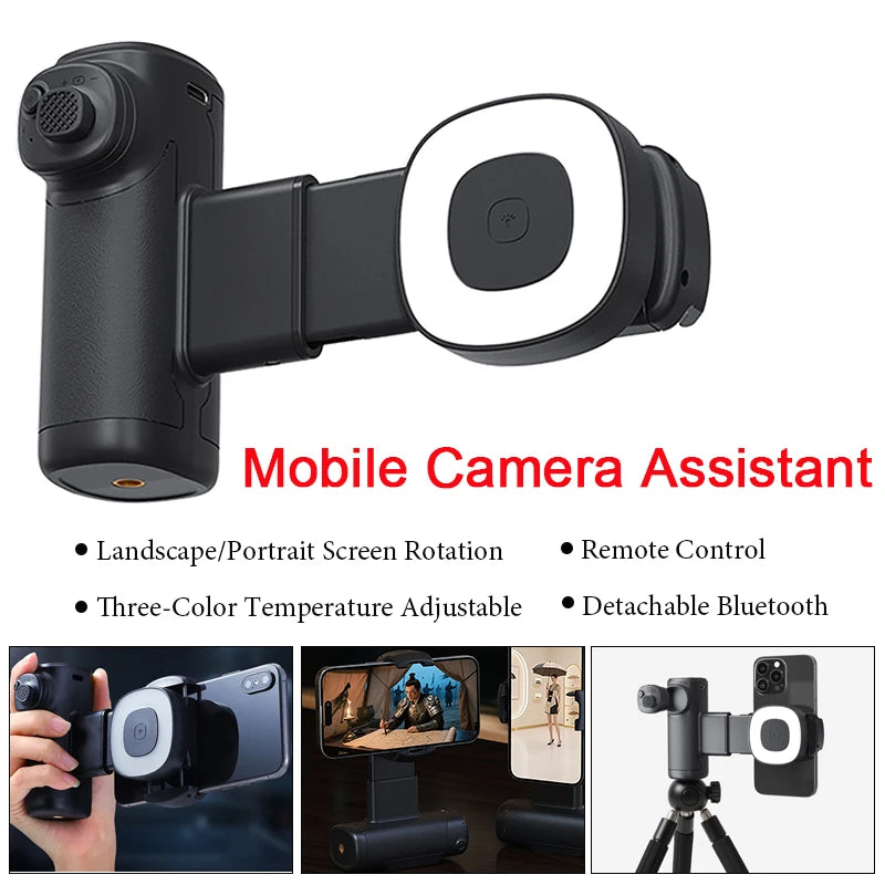 Portable Handle Mobile Camera Assistant with Bluetooth LED Selfie Light Adjustable Angle for Phone Photography Live Streaming