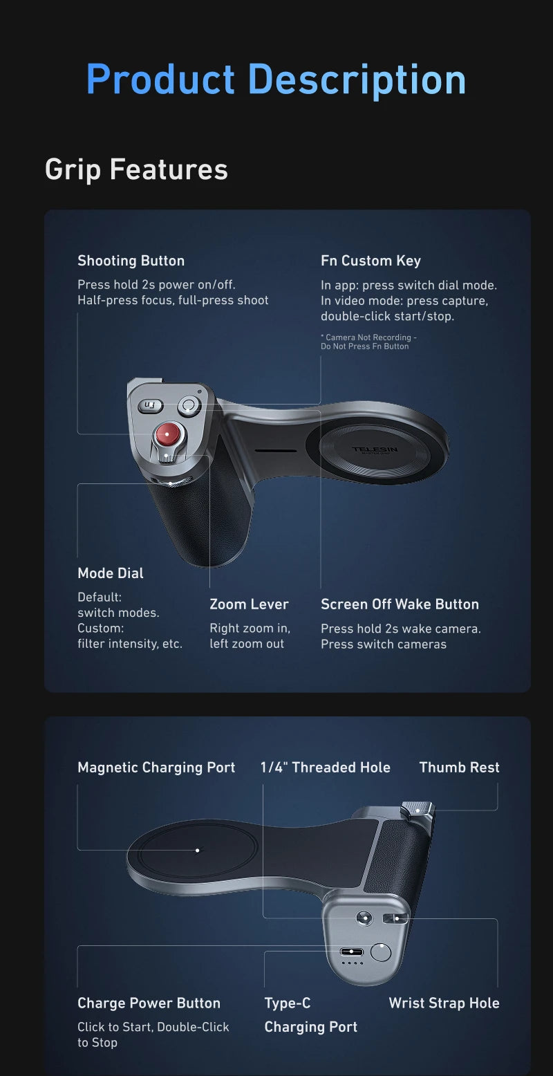TELESIN Phone Camera Grip for IPhone17 Pro / Pro Max  with Phone Case Remote Shutter Handheld Handheld Photography Accessories