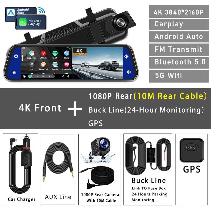 10" Dash Cam 4K CarPlay & Android Auto – 5G WIFI GPS Rearview Mirror DVR