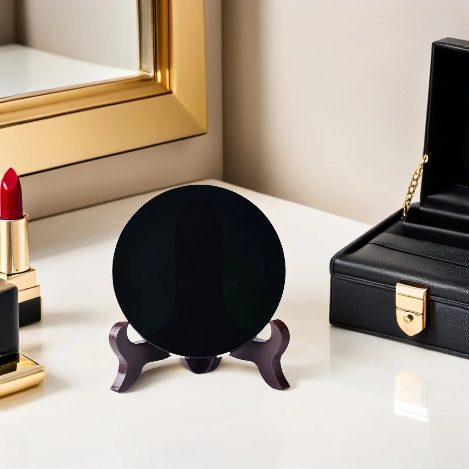 Black Scrying Mirror Obsidian Divination Decorative Mirror With Stand For Divination, Meditation And Feng Shui Treatment