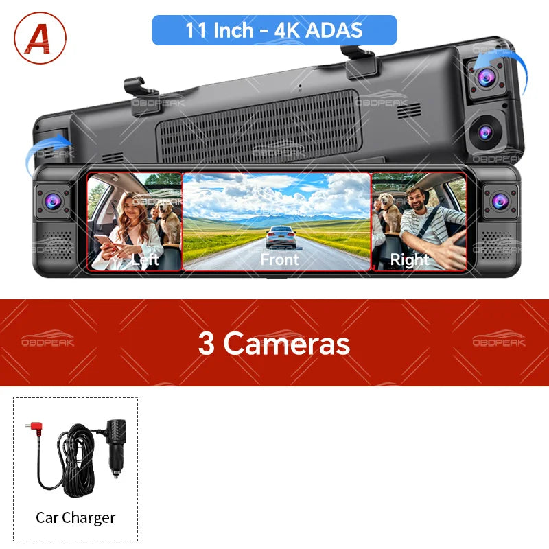 4-Channel 360° Dash Cam 11" 4K+1K+1K+1K – WIFI ADAS BSD Night Vision 24H Parking Monitor