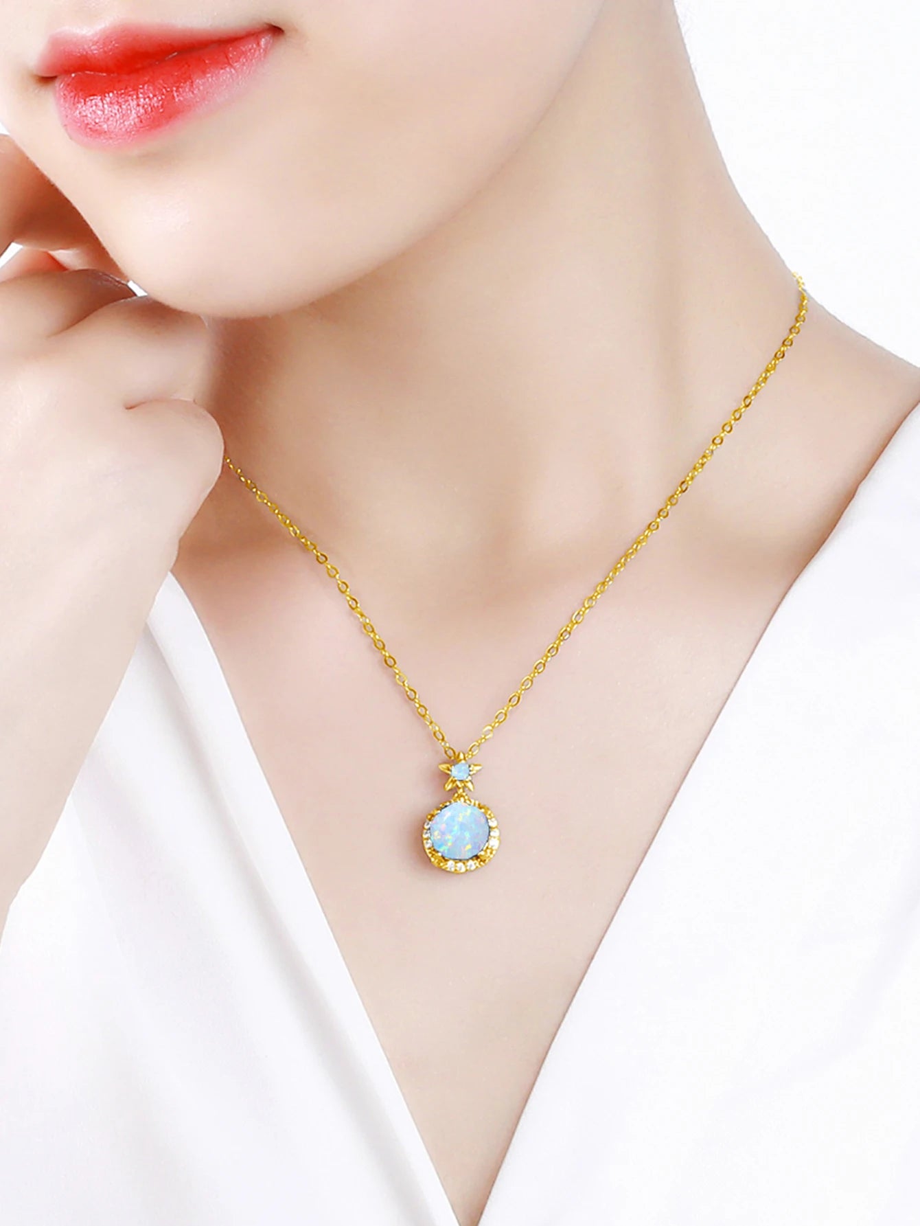 Shiny 925 Silver Necklace 9mm Round Opal Stone Pendant Beach Lover Gift Ocean Inspired Everyday Jewelry for Women Sensitive Skin
