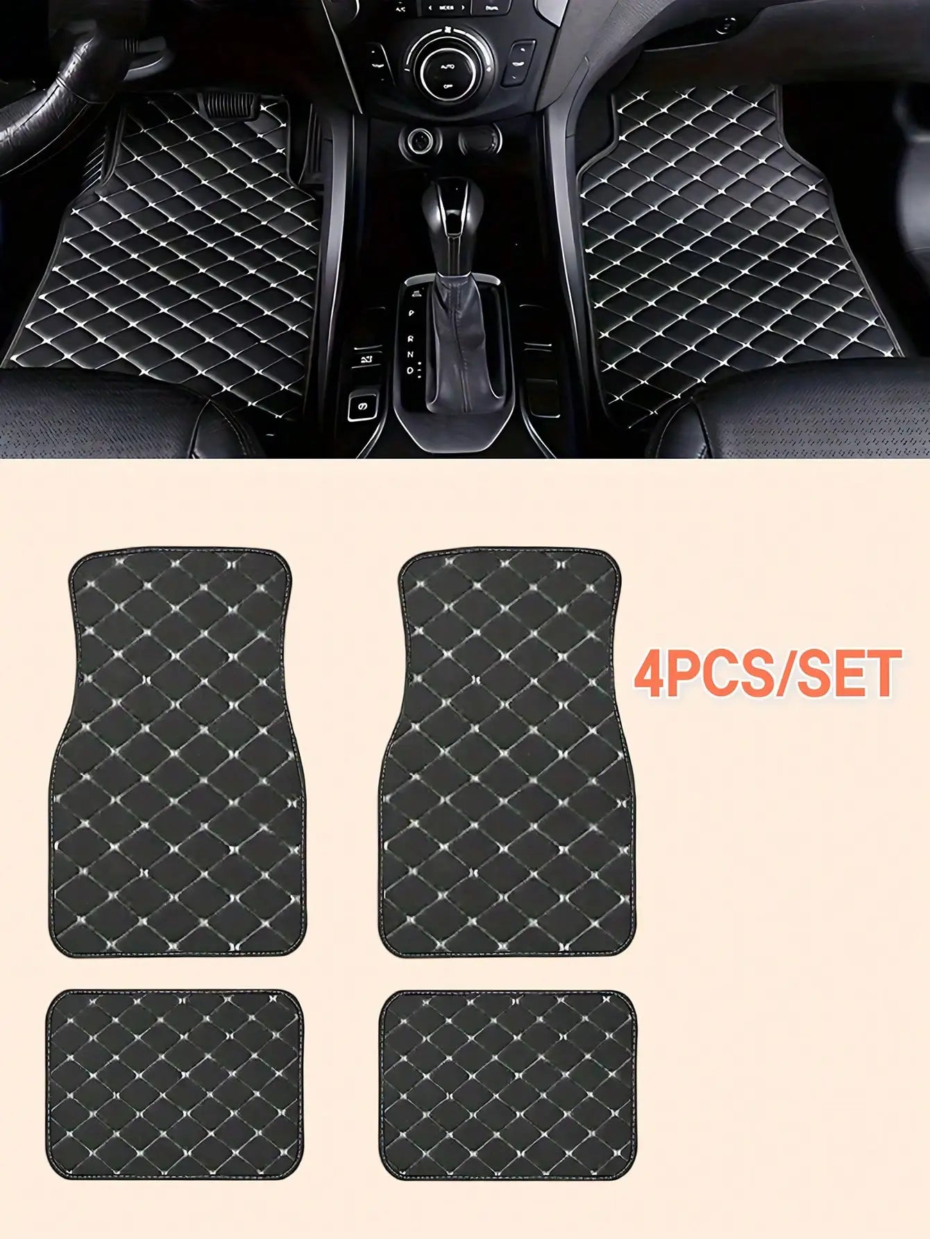 4Pcs Universal Car Mats for RHD Vehicles - PVC Leather Quilted Waterproof Non-Slip All-Season Easy Clean Fits Sedans/SUVs/Trucks