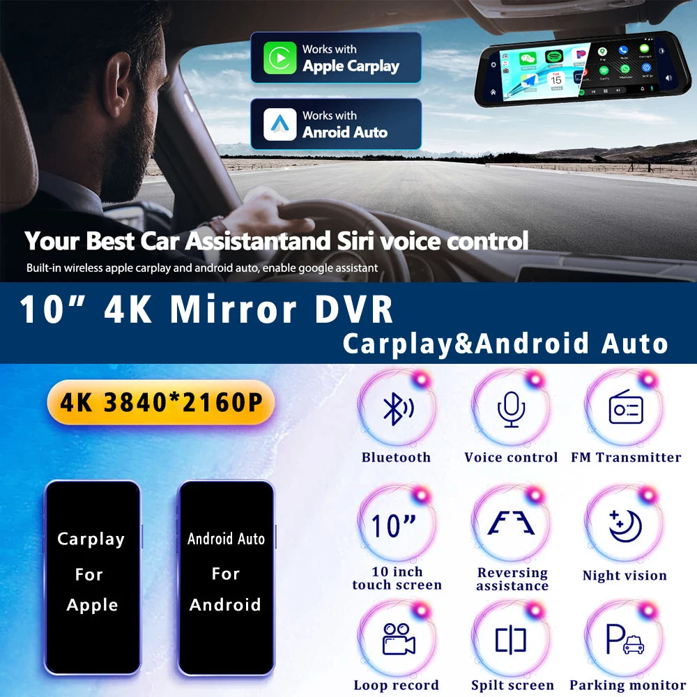 10" Dash Cam 4K CarPlay & Android Auto – 5G WIFI GPS Rearview Mirror DVR