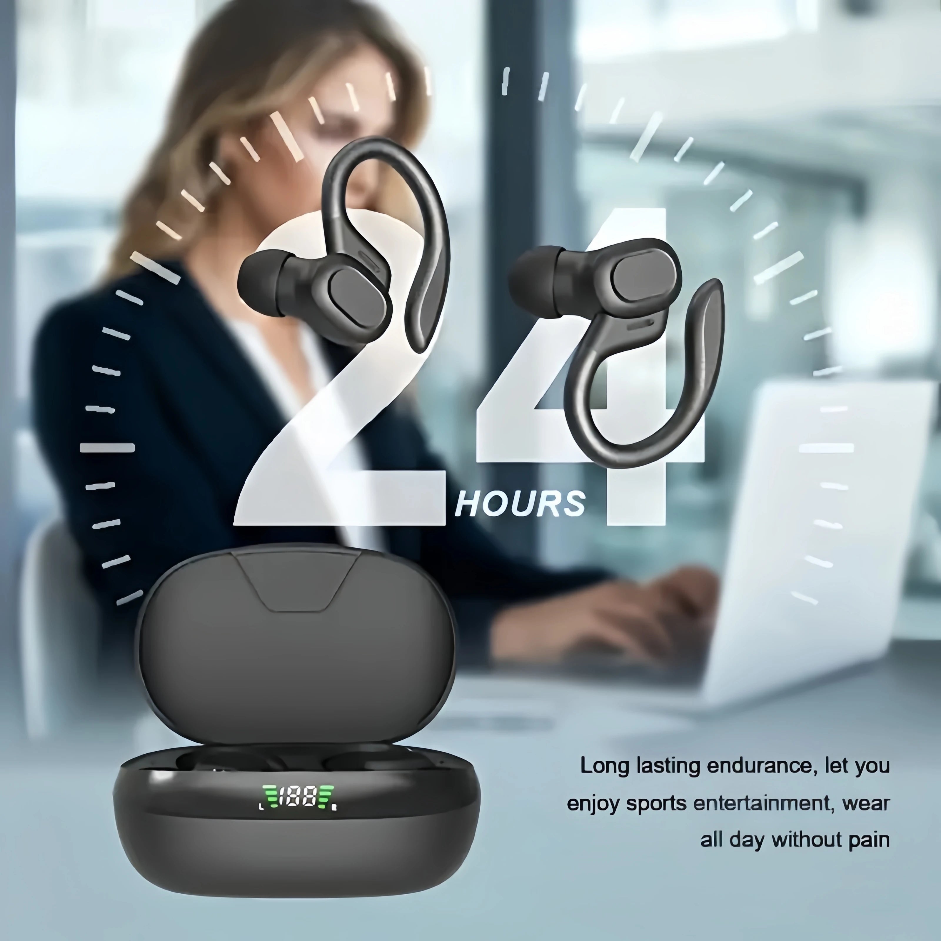 True Wireless Earbuds TWS – Sports Ear Clip Headphones with Mic & LED Display
