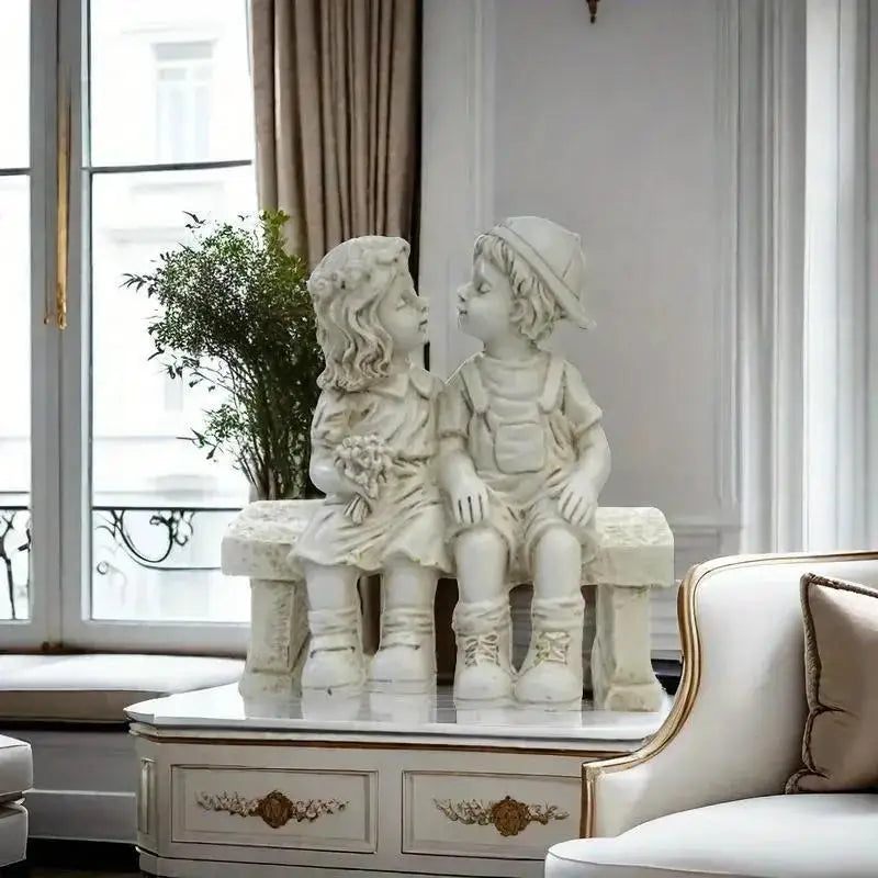 Garden Decor Endearing Sculpture Kids Sharing A Kiss on The Bench Living Room Decoration Fairy Garden Decorative Figurines
