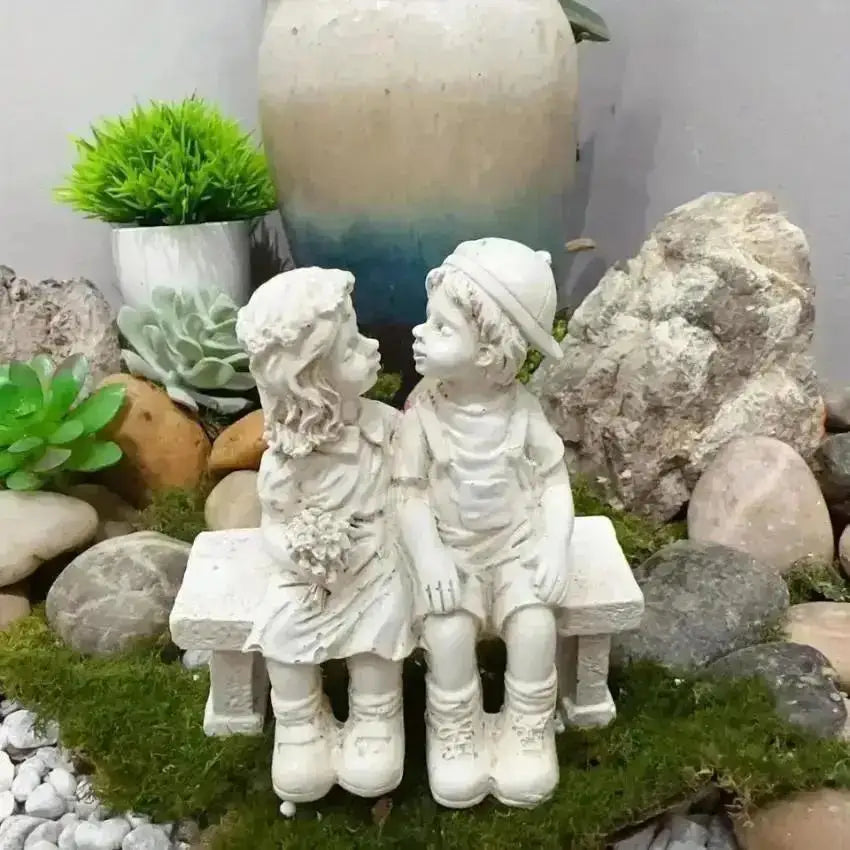 Garden Decor Endearing Sculpture Kids Sharing A Kiss on The Bench Living Room Decoration Fairy Garden Decorative Figurines